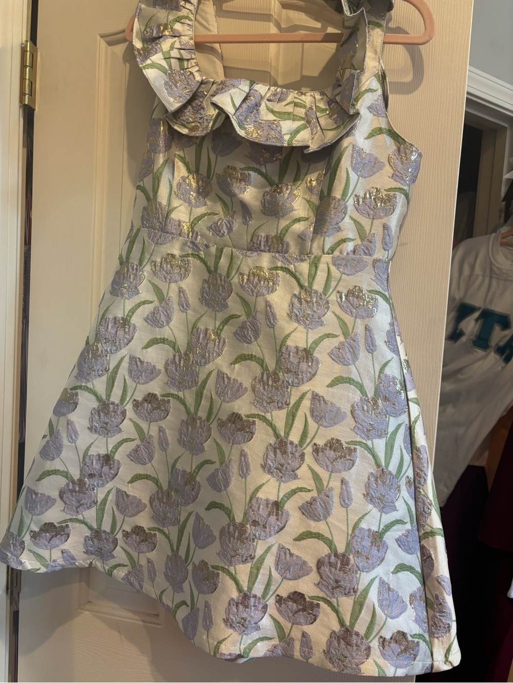 Girls Floral Ruffle-Shoulder Dress in Lavender and Cream - Picture 2 of 3